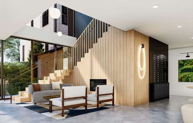 a living room with a staircase in front of a wooden wall