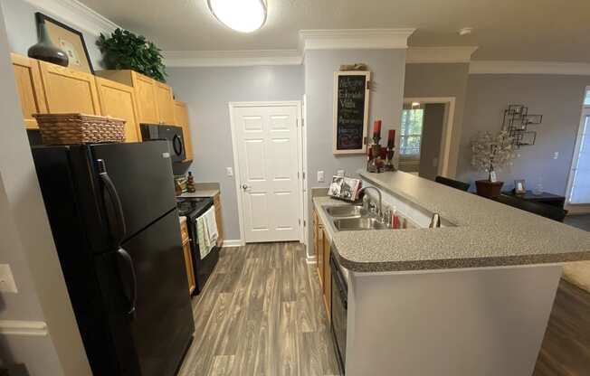 Edgewater Vista Apartments, Decatur Georgia, model kitchen with black appliances