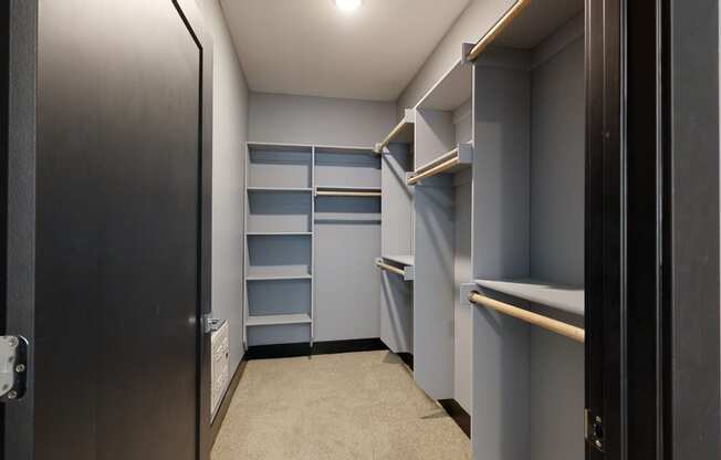 a walk in closet with gray walls and shelves