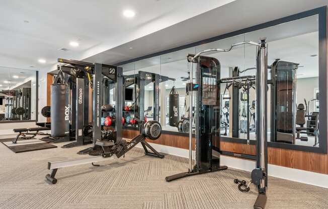 a gym with cardio equipment and mirrors in a home