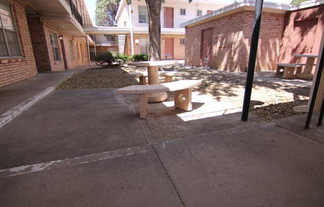 a picnic table in the courtyard