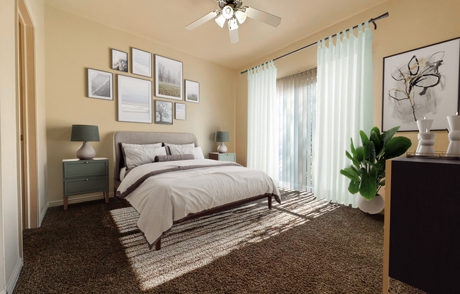 Liberty Commons Apartments, West Valley City, Utah, bedroom with a bed, nightstands, curtains and a ceiling fan