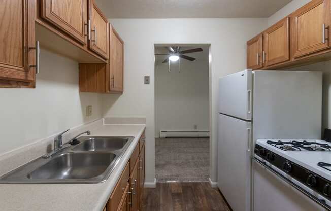This is a photo of the kitchen in the 705 square foot, 1 bedroom, 1 bath apartment at Blue Grass Manor Apartments in Erlanger, KY.