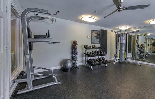 a gym with weights and equipment in a home with white walls