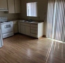 Kitchen photo showing slider and cabinets