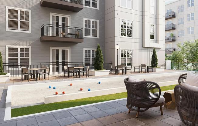 Challenge friends to a game of bocce ball in the Game Courtyard at Modera Liberty Row, a lively outdoor amenity in the heart of Charlotte.