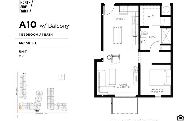 1 bed, 1 bath, 667 sqft, $1,425, Unit 1417