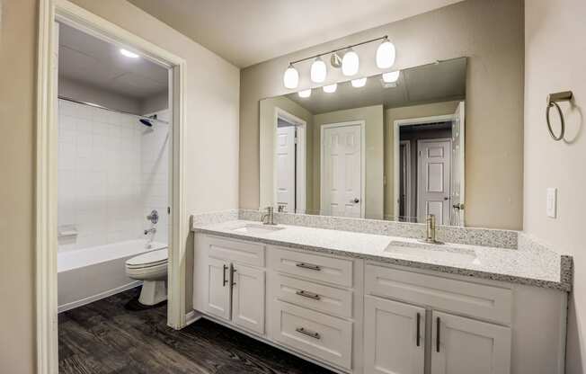 a bathroom with white cabinets and a mirror and a toilet