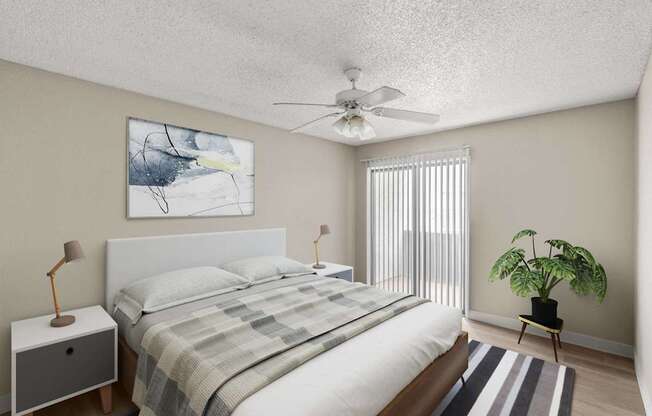 A bedroom with a bed, a ceiling fan, and a painting on the wall.
