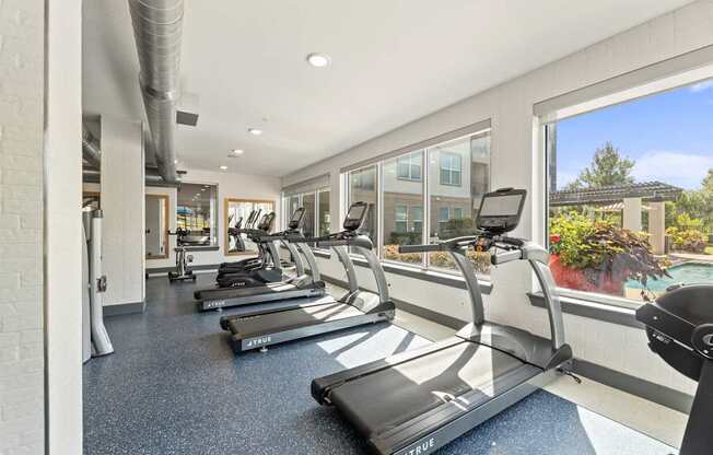 A gym with treadmills and a view of the outside.