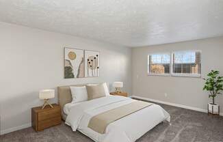 A bedroom with a large bed and two lamps.