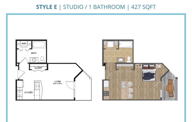 Studio, 1 bath, 427 sqft, $1,460, Unit A-105