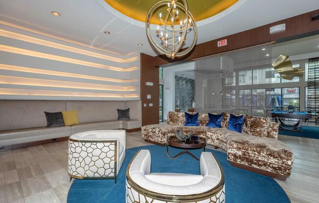 a glass with a blue chair