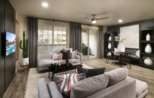 a living room with a couch and a table