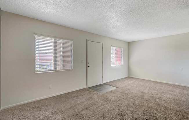A room with a carpeted floor, a door, and a window with blinds.