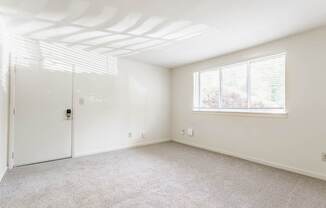 A room with a white door and a window with blinds