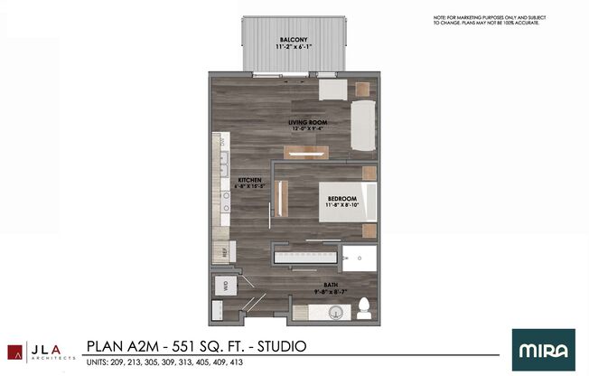 Studio, 1 bath, 551 sqft, $1,275, Unit #209