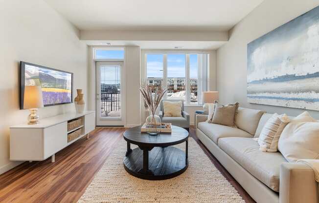 Model Living Room at Harbor at Twin Lakes 55+ Apartments, Roseville, Minnesota