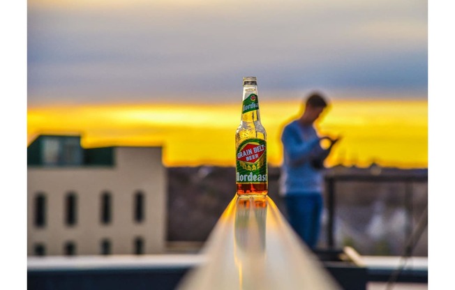 a bottle of beer sitting on top of a roof