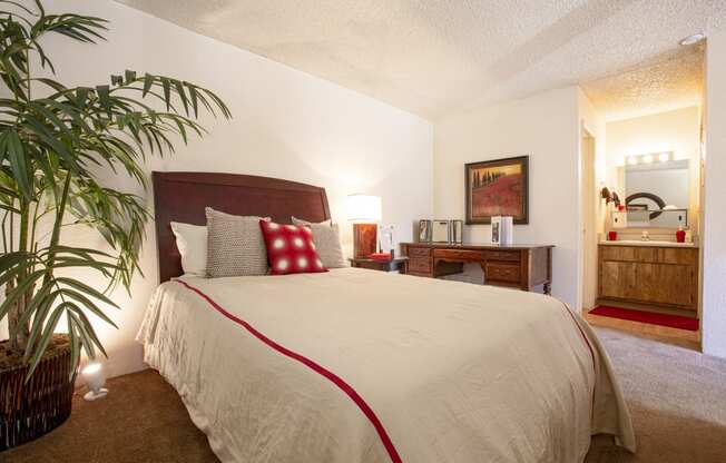 a bedroom with a large bed and a potted plant