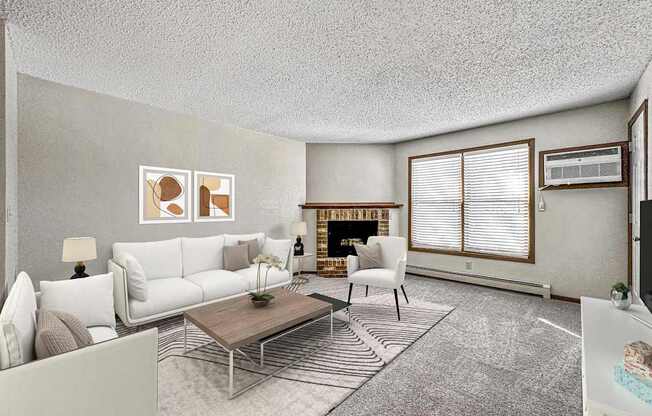 a living room with white furniture and a fireplace at Creekstone Falls, Sioux Falls, SD, 57106