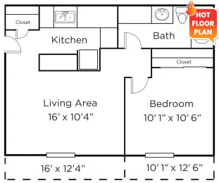 1 bed, 1 bath, 560 sqft, $1,240