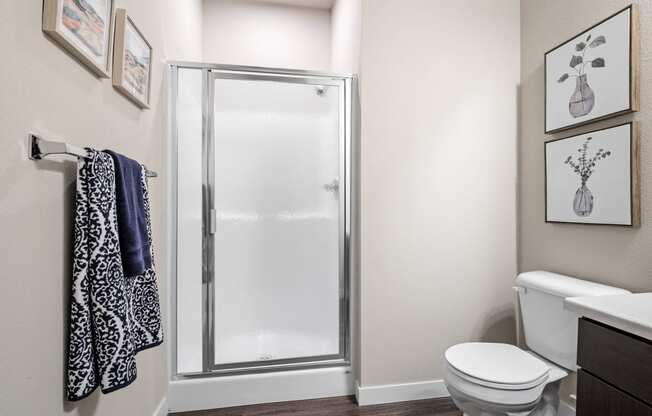 a bathroom with a shower and a toilet and a sink  at Aventura at Wentzville, Wentzville, 63385