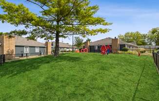 a yard with a playground and houses in the background