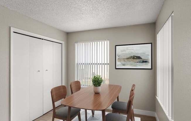A dining room with a wooden table and chairs.