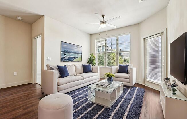 A living room with a white couch and a blue and white rug.