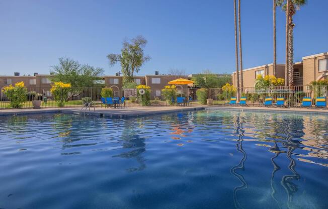 A swimming pool with a reflection of the surrounding area.