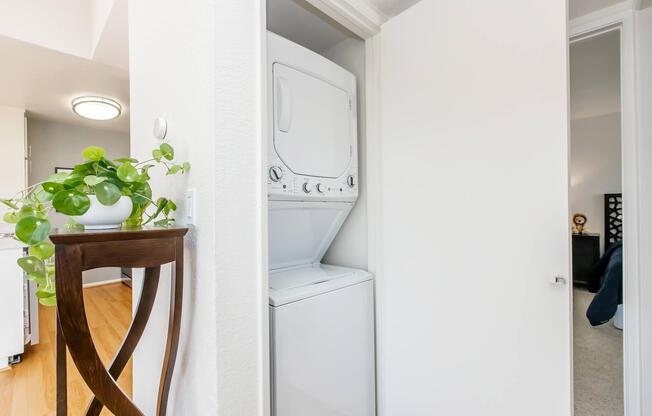 A compact laundry area featuring a stacked washer and dryer enclosed in a white cabinet. A small potted plant is placed on a decorative wooden stand next to the laundry unit, adding a touch of greenery to the space. The surrounding area has hardwood flooring and light-colored walls, giving a modern feel.