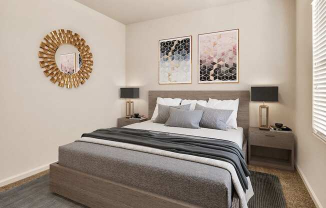 a bedroom with a large bed and two night stands  at Falcon Bridge at Gale Ranch, San Ramon, California