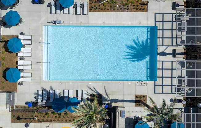 A large swimming pool surrounded by blue umbrellas and lounge chairs.