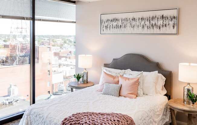 a bedroom with a large bed and a large window