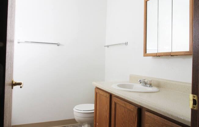 a bathroom with a toilet sink and mirror