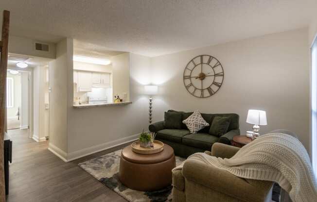 This is a photo of the living room in the 472 square foot 1 bedroom, 1 bath apartment at Princeton Court Apartments in the Vickery Meadow neighborhood of Dallas, Texas.