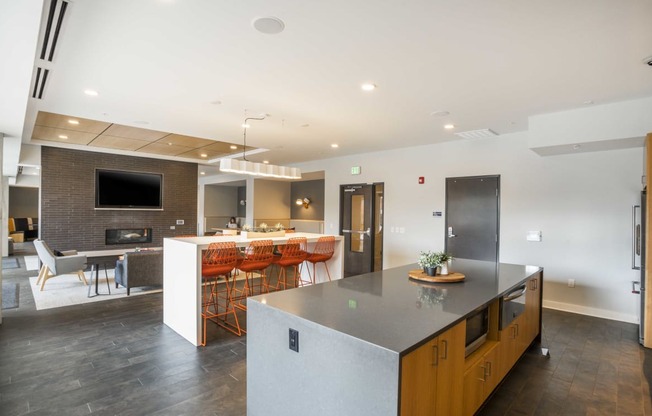 Community Room Kitchen Area & Fireplace Lounge