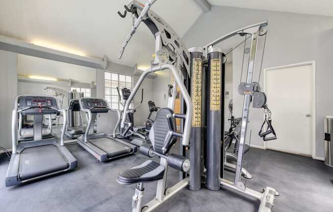 The Woods fitness center with many different types of work out machines and equipment including treadmills, elliptical and full weight lifting system.  