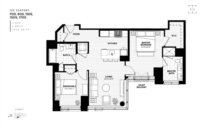 2 beds, 2 baths, 1,030 sqft, $9,000, Unit 1705