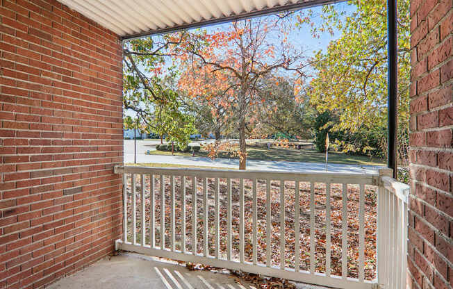 A view from a balcony looking out at a tree with orange leaves.
