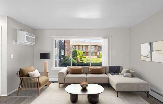 A living room with a couch, chairs, and a coffee table.