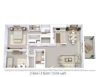 2 beds, 2 baths, 1,104 sqft, $1,200