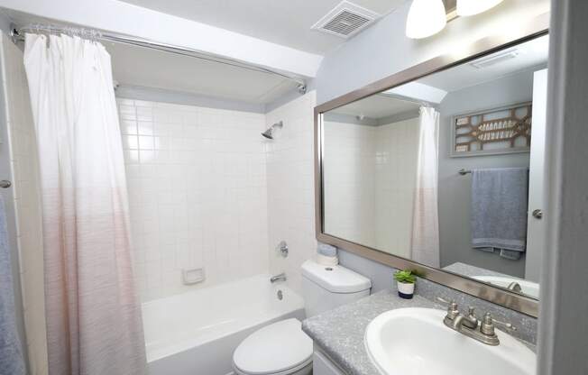 Fusion Fort Worth apartment bathroom with white tile tub and ombre shower curtain, white toilet, and single sink with vanity light and mirror.