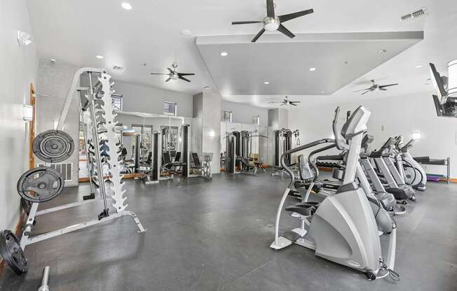 A spacious gym with a variety of equipment including treadmills, weights, and exercise machines.