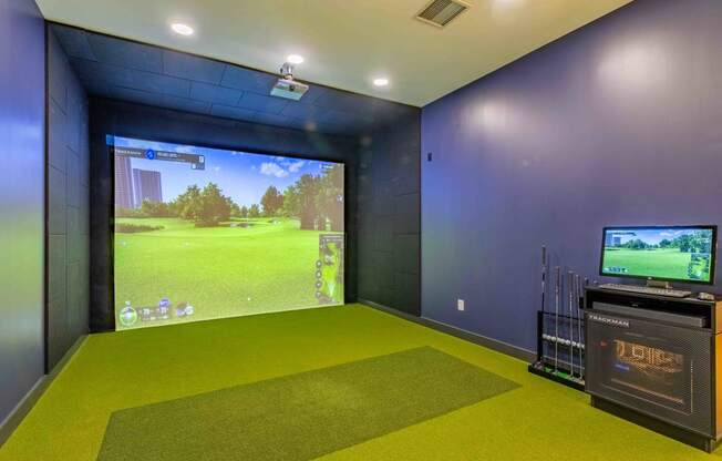 a game room with a large screen tv and a green carpet