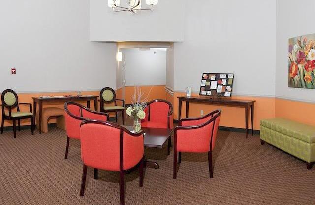 Lobby with bright colored furniture