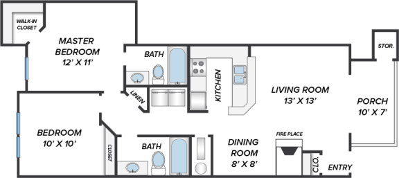 2 beds, 2 baths, 868 sqft, $1,049