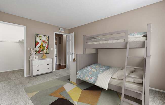 a kids bedroom with bunk beds and a large rug