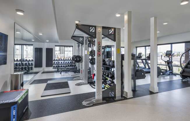 Icon at Cooley Station-apartment fitness room with weights and cardio equipment in a building with windows